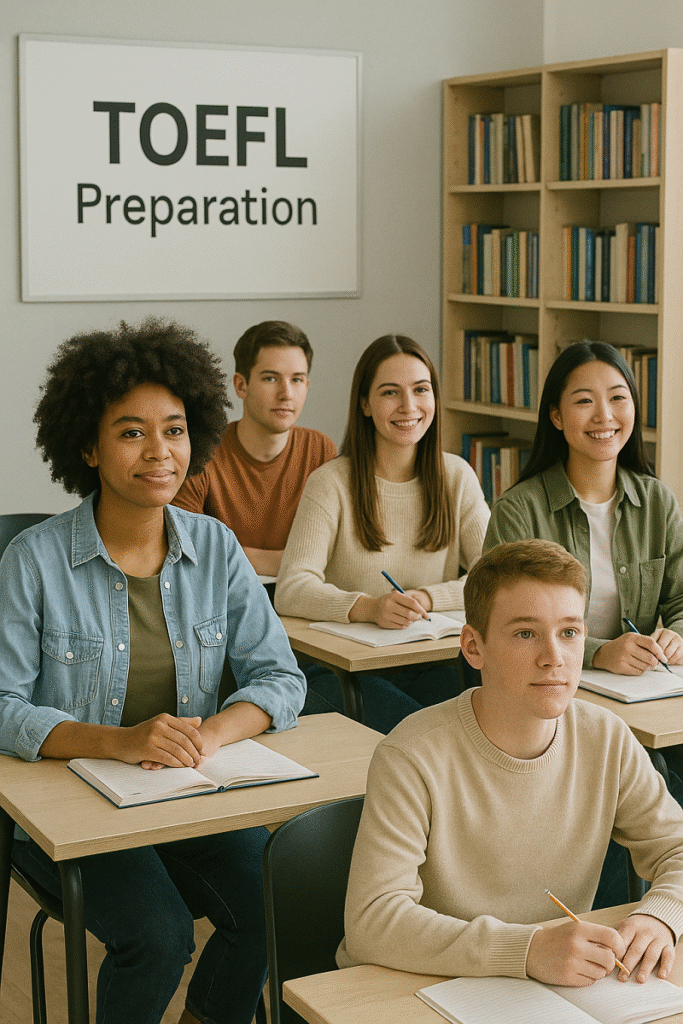 Grupo de estudiantes principiantes en academia de inglés preparando el TOEFL.
