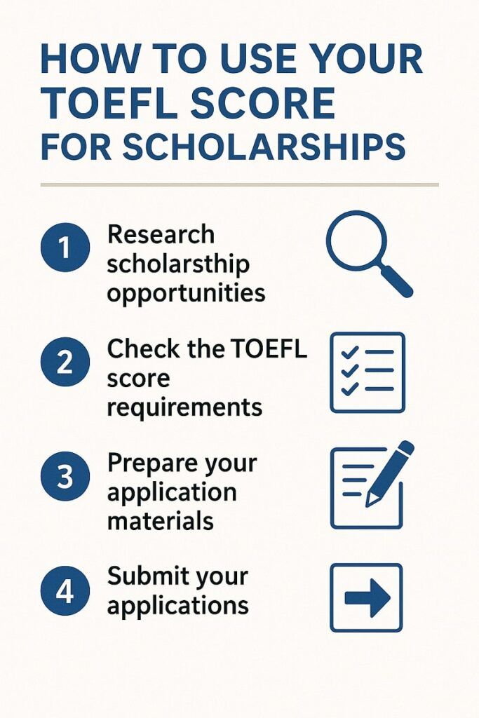 Infografía con los pasos para usar tu TOEFL en solicitudes de becas.