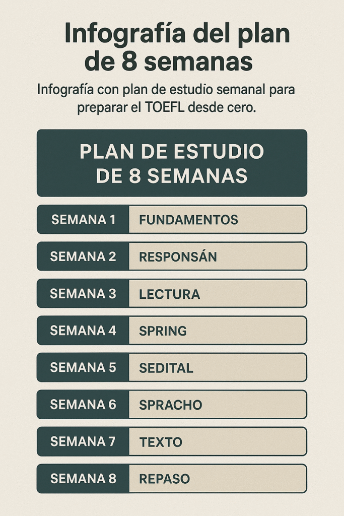 Infografía con plan de estudio semanal para preparar el TOEFL desde cero