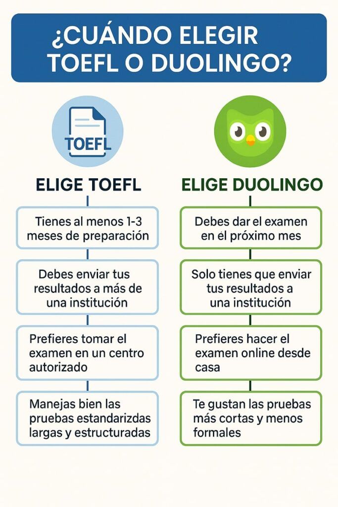 Infografía con recomendaciones sobre cuándo elegir TOEFL o Duolingo