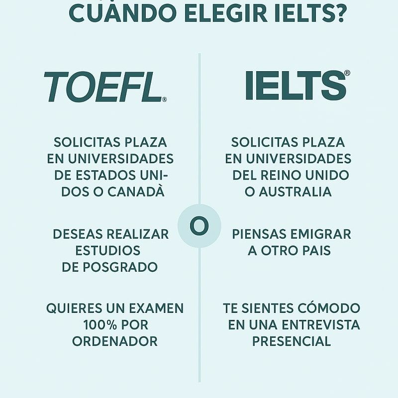 Infografía mostrando cuándo elegir TOEFL y cuándo elegir IELTS según objetivos