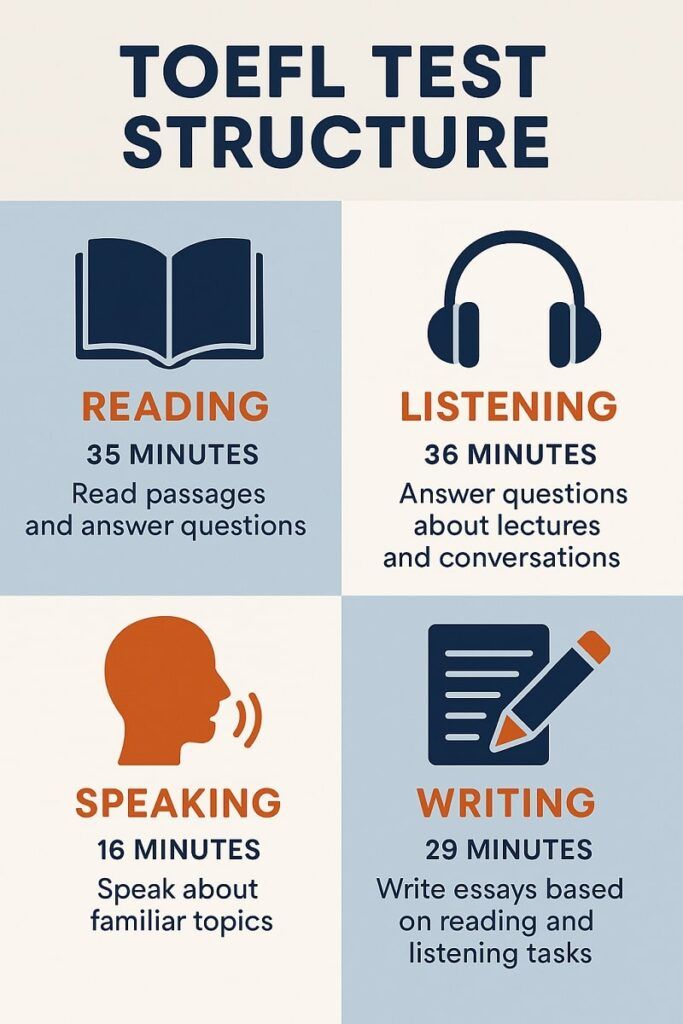 Infografía mostrando las cuatro secciones del examen TOEFL para principiantes