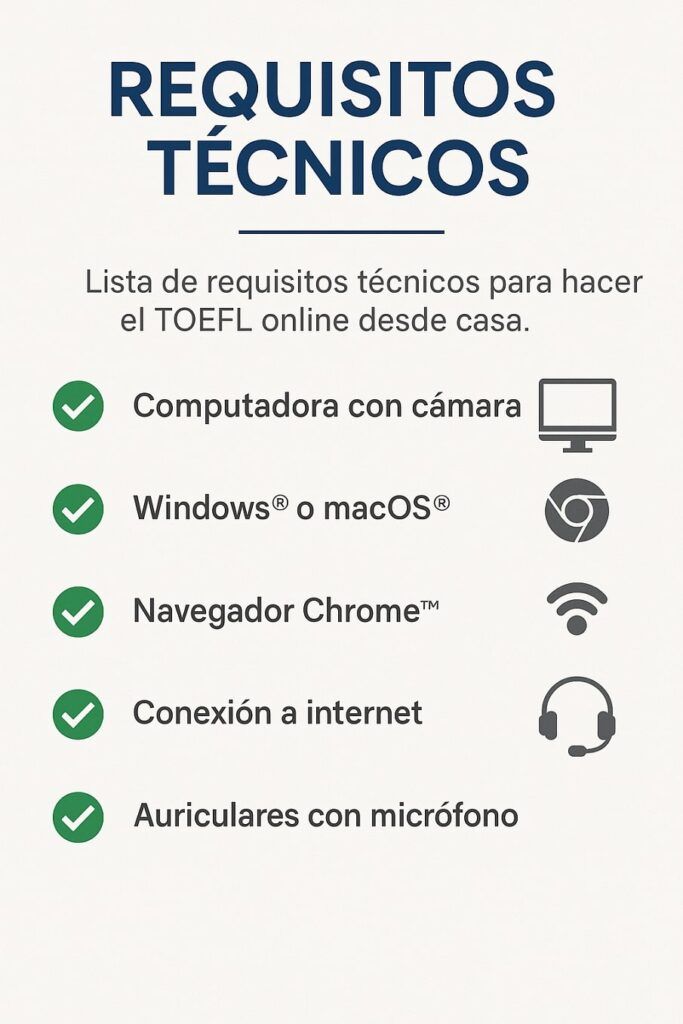 Lista de requisitos técnicos para hacer el TOEFL online desde casa