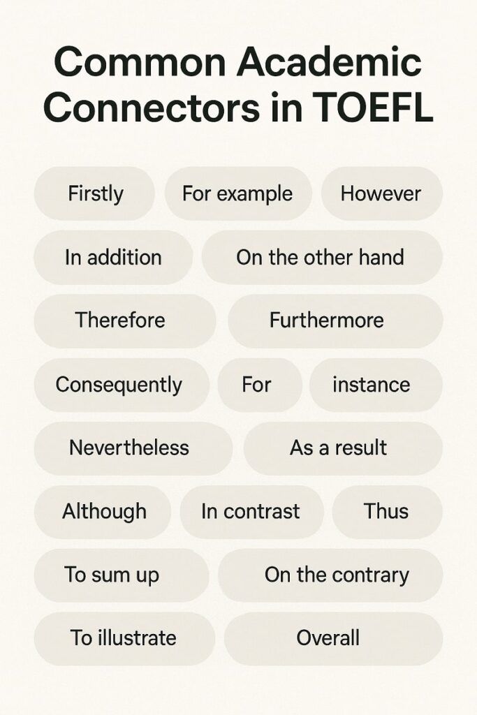 Lista visual de conectores académicos comunes en el TOEFL
