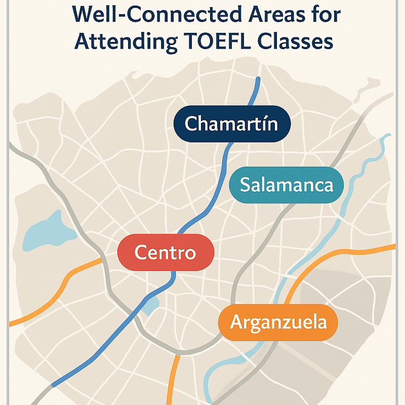 Mapa de zonas de Madrid con buena conexión para acudir a clases de preparación TOEFL