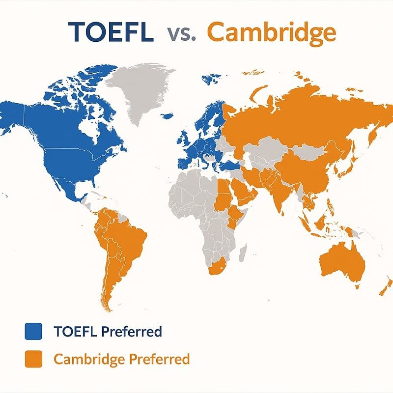 Mapa global mostrando qué países prefieren TOEFL o Cambridge según universidades y empleadores