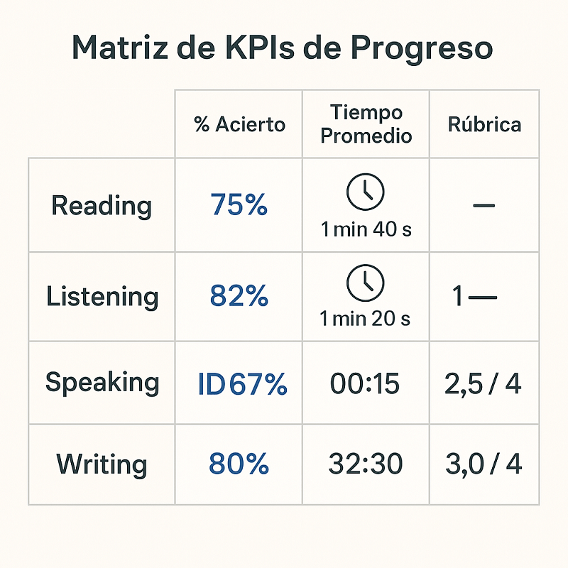 Matriz de métricas TOEFL acierto por tipo de pregunta, tiempos y rúbricas Speaking Writing