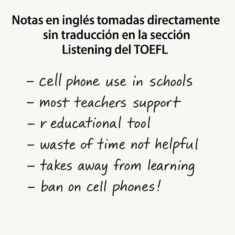 Notas en inglés tomadas directamente sin traducción en la sección Listening del TOEFL