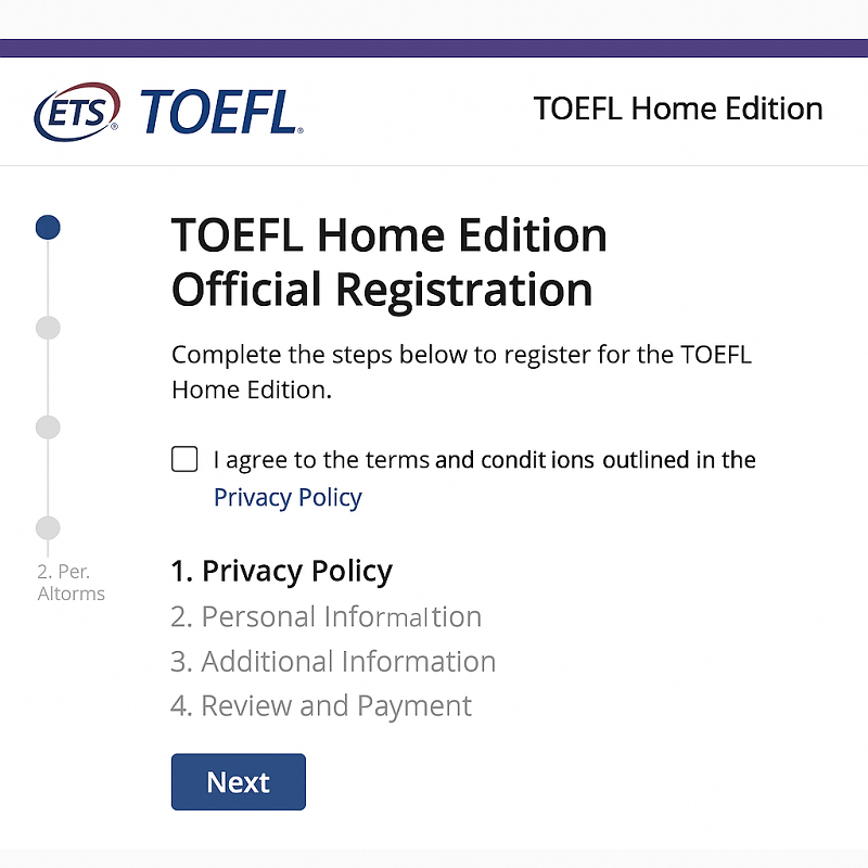 Pantalla de registro oficial del TOEFL Home Edition paso a paso