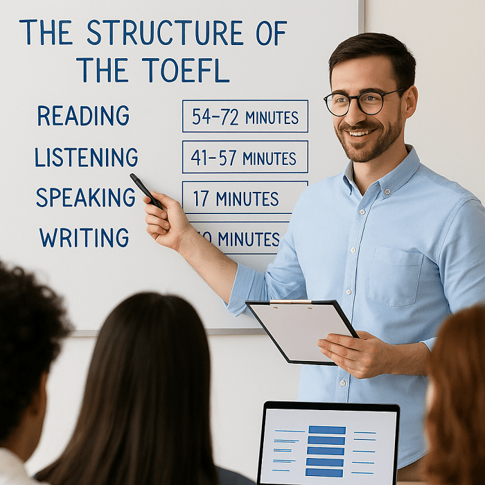Profesor especializado enseñando la estructura del TOEFL a estudiantes principiantes