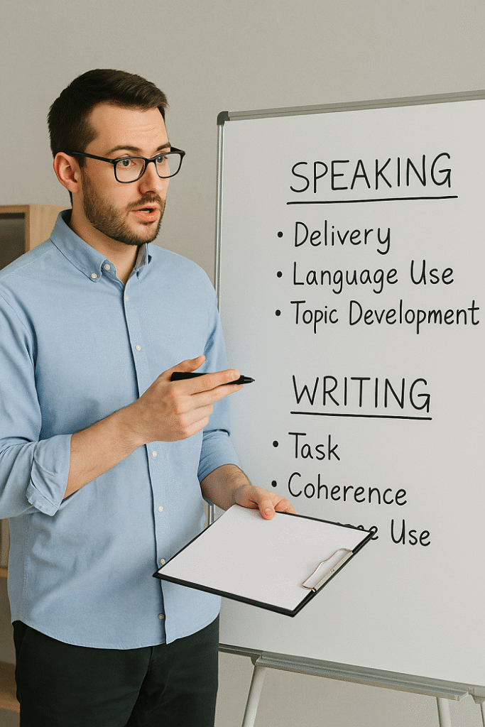 Profesor explicando cómo se evalúan las secciones orales y escritas del TOEFL