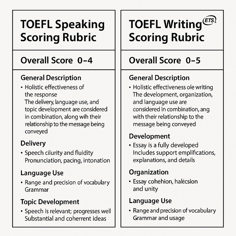 Rúbricas de evaluación de Speaking y Writing TOEFL con criterios detallados