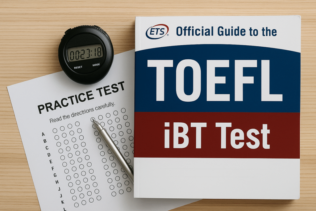 Simulacro de examen TOEFL cronometrado con materiales oficiales