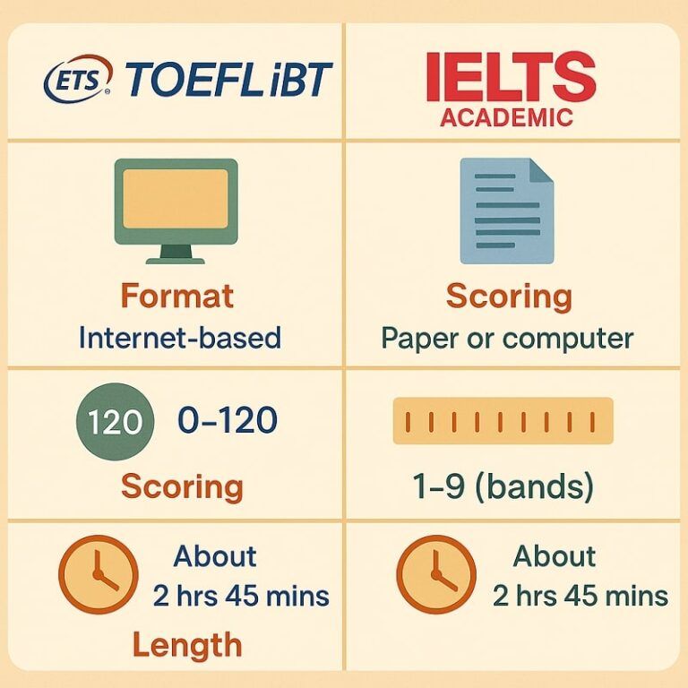 Tabla comparativa de características entre TOEFL iBT y Duolingo English Test