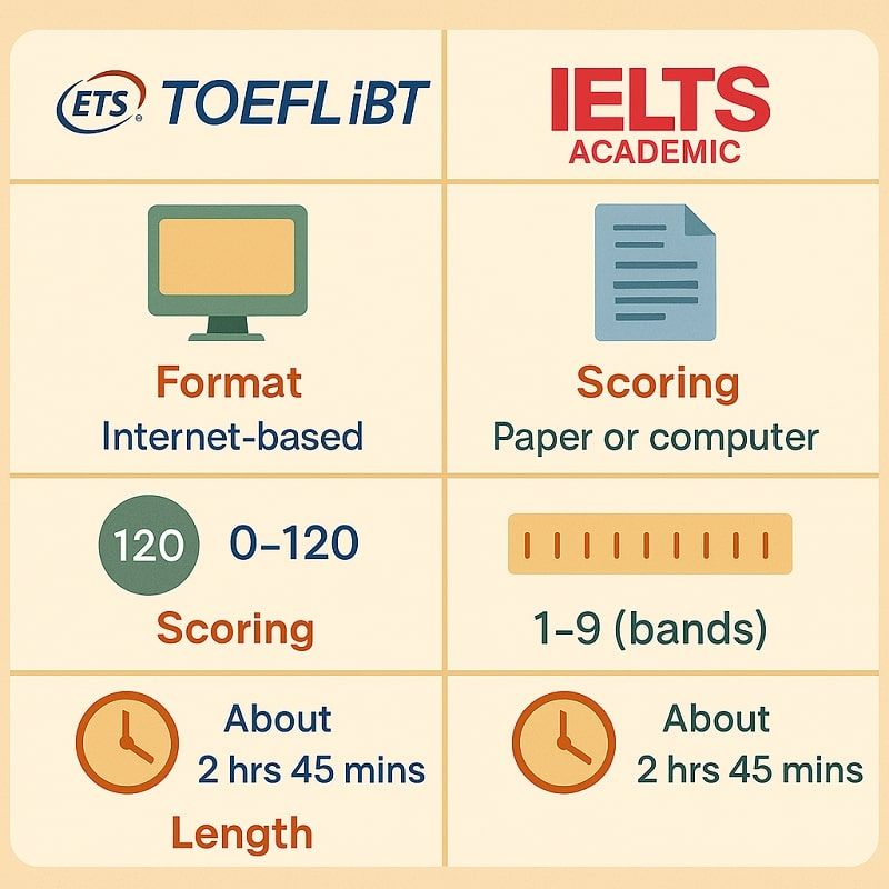 Tabla comparativa de características entre TOEFL iBT y Duolingo English Test