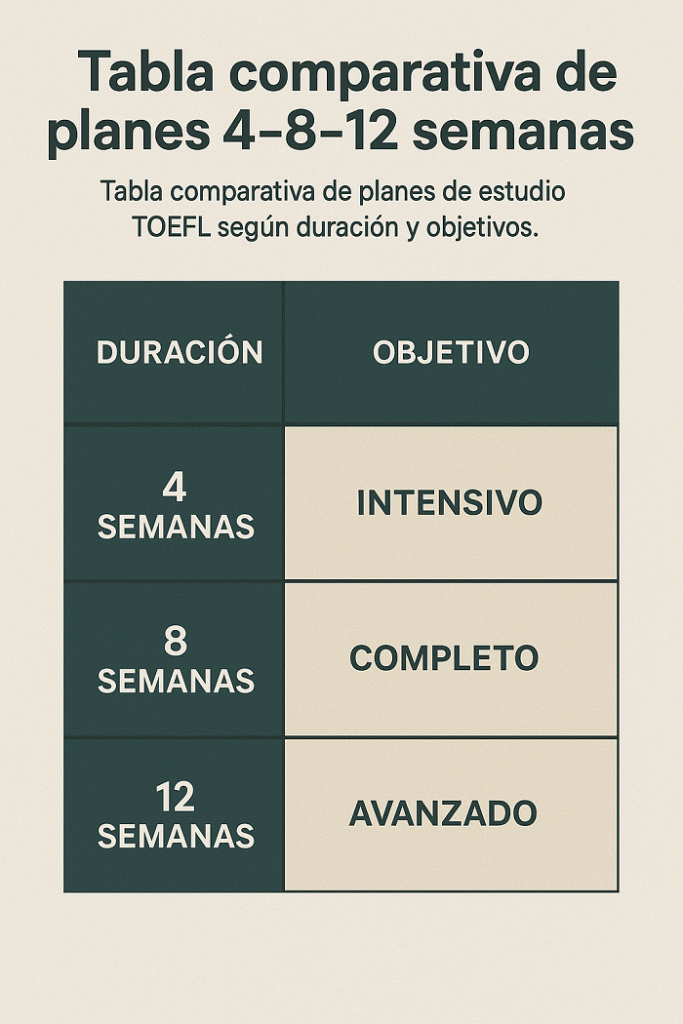 Tabla comparativa de planes de estudio TOEFL según duración y objetivos
