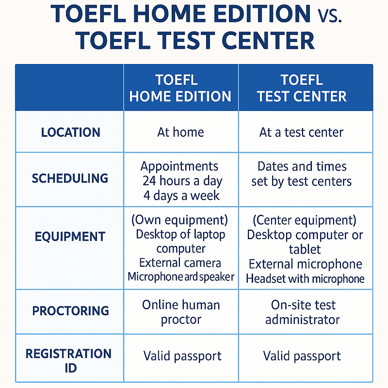 Tabla comparativa entre TOEFL Home Edition y TOEFL presencial