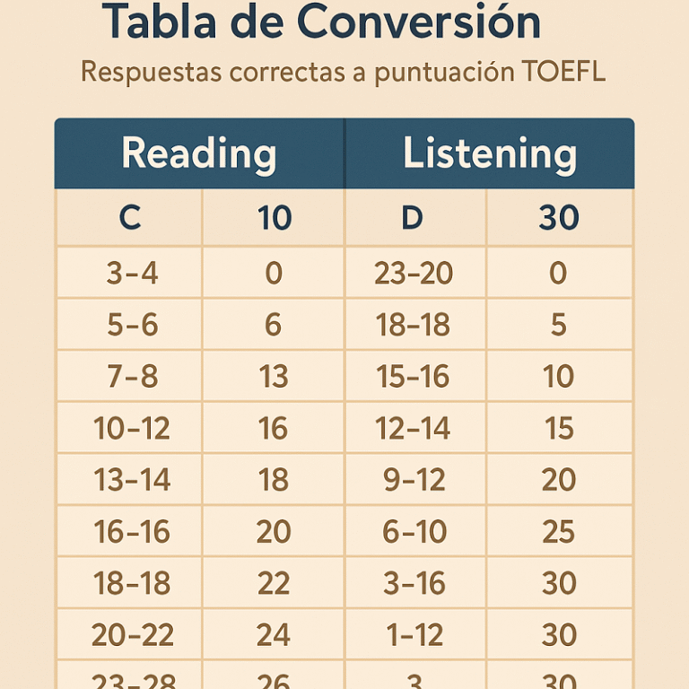 Tabla con conversión de respuestas correctas a puntuación TOEFL en Reading y Listening