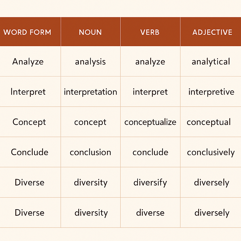 Tabla con diferentes formas de una misma palabra en contexto académico
