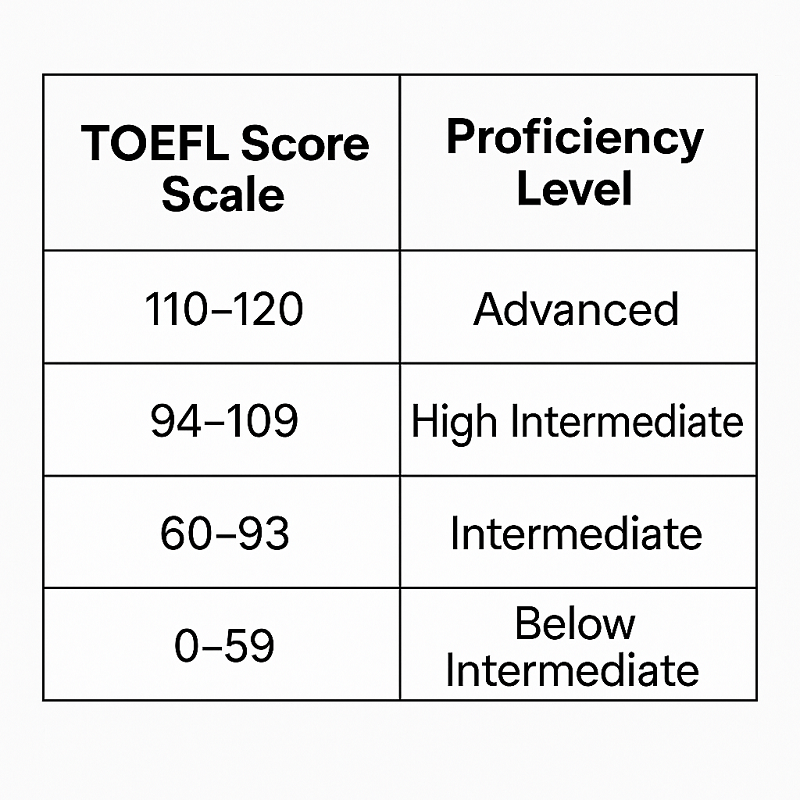 Tabla con los niveles de puntuación del TOEFL y su equivalencia en competencia lingüística
