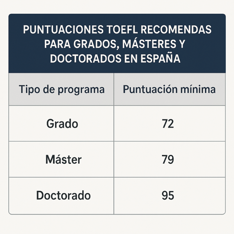 Tabla con puntuaciones TOEFL recomendadas para grados, másteres y doctorados en España.