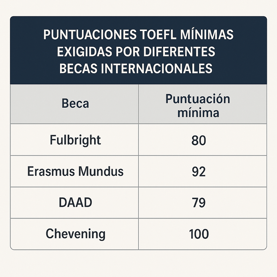 Tabla que muestra las puntuaciones TOEFL mínimas exigidas por diferentes becas internacionales