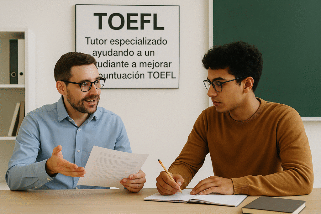 Tutor especializado ayudando a un estudiante a mejorar su puntuación TOEFL