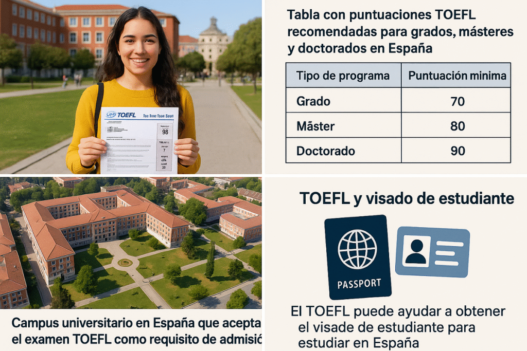 Infografía sobre la relación entre el examen TOEFL y la obtención del visado de estudiante en España.